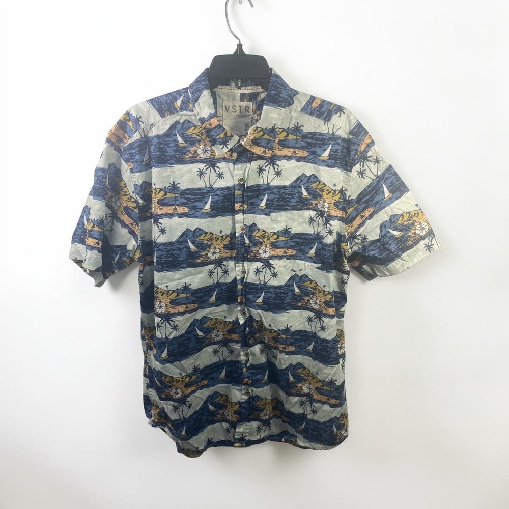 VSTR Premium Mens XL Tropical Island Print Short Sleeve Button Down Shirt Blue